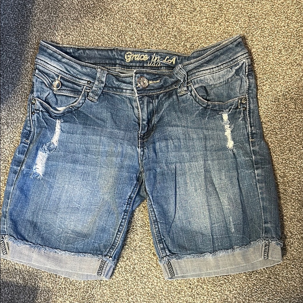 Grace in LA Blue Distressed Jean Bermuda Shorts Medium